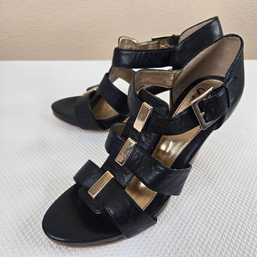 Söfft Black Leather Strappy Heeled Sandals Shoes Womens 8.5 Gold Buckle